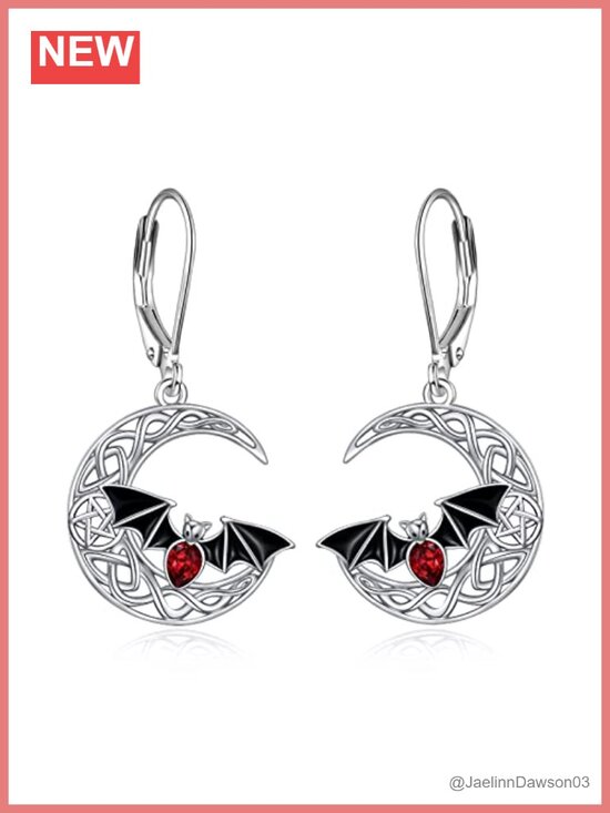 Jewelry - Moon Bat Dangle Leverback Earrings 925 Sterling Silver Red CZ